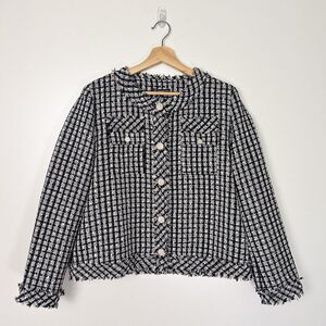 NWT Adrianna Papell Black and White Crew Neck Tweed Blazer Sz Large